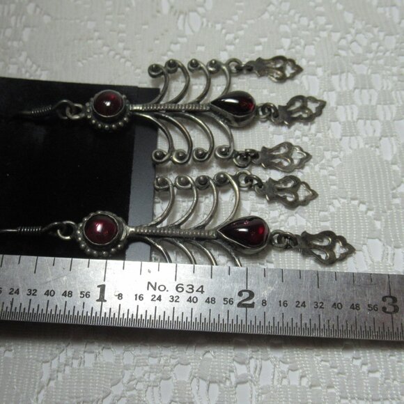 Vintage Sterling Silver 925 Garnet Dangle Earrings Boho Ethnic Tribal Cabochon - Picture 16 of 16